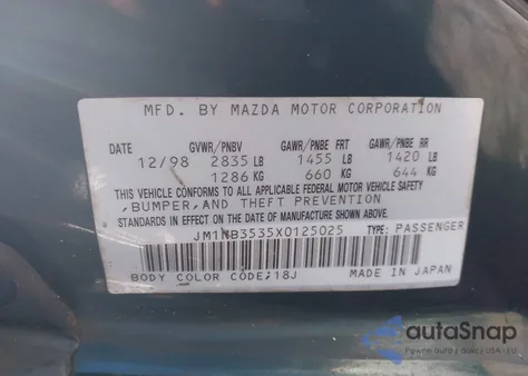 1999 Mazda Mx-5 Miata Leather Pkg/Popular Equipment Pkg/Sports Pkg/Touring Pkg z USA, uszkodzony, nr VIN JM1NB3535X0125025